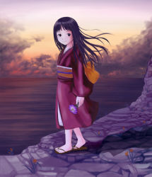 Rule 34 | 1girl, akoya (mushishi), cloud, flower, japanese clothes, kimono, long hair, looking at viewer, mushishi, ocean, outdoors, sky, solo, sunset, water