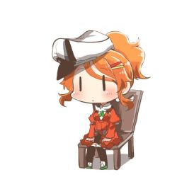 Rule 34 | 10s, 1girl, aquila (kancolle), black eyes, black thighhighs, blush, chair, chibi, frown, full body, graf zeppelin (kancolle), green ribbon, hair ornament, hairclip, hands on lap, hat, high ponytail, kantai collection, long hair, lowres, orange hair, peaked cap, rebecca (keinelove), ribbon, simple background, sitting, solo, thighhighs, wavy hair, white background, | |