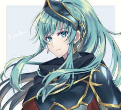 Rule 34 | 1girl, alternate hairstyle, aqua eyes, aqua hair, armor, breastplate, cape, character name, closed mouth, commentary request, cosplay, earrings, eirika (fire emblem), ephraim (fire emblem), ephraim (fire emblem) (cosplay), fire emblem, fire emblem: the sacred stones, fire emblem heroes, floating hair, hair ornament, high ponytail, highres, jewelry, long hair, looking at viewer, nintendo, official alternate costume, ponytail, shinae, shoulder armor, sidelocks, smile, solo, twitter username, upper body, very long hair