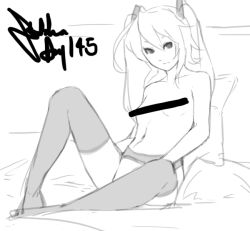 Rule 34 | 1girl, bar censor, censored, convenient censoring, eu03, flat chest, garter belt, greyscale, hair ornament, hatsune miku, long hair, monochrome, navel, censored nipples, no panties, pillow, sitting, sketch, solo, thighhighs, topless, twintails, underwear, underwear only, vocaloid