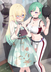 Rule 34 | 2girls, @ @, absurdres, aizawa ema, aizawa ema (3rd costume), aqua dress, asymmetrical clothes, asymmetrical pants, bag, bare shoulders, baseball cap, belt, black choker, black hat, black nails, blonde hair, blue eyes, blunt bangs, blush, bra strap, breasts, brown belt, bustier, chalkboard, character doll, chest belt, choker, cleavage, crop top, dress, floral print, gradient hair, green hair, hair behind ear, hair flaps, hand on another&#039;s shoulder, handbag, hat, highres, holding, holding clothes, holding hat, jewelry, ju ki a, large breasts, long hair, long sleeves, looking at another, mannequin, mole, mole on breast, multicolored hair, multiple girls, navel, necklace, open mouth, pants, purple eyes, red bustier, red nails, scared, shirt, short hair, shoulder tattoo, single pantsleg, smug, standing, stomach, swept bangs, tattoo, teardrop-framed glasses, virtual youtuber, vspo!, wavy mouth, white bustier, white pants, white shirt, window, yakumo beni, yakumo beni (1st costume), yakumo beni (4th costume), yellow-framed eyewear