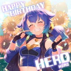 Rule 34 | 1girl, bandaid, bandaid on face, bandaid on nose, blue hair, blush, breasts, choker, closed eyes, collarbone, commentary, detached sleeves, english text, facing viewer, fingerless gloves, flower, gloves, grin, hair between eyes, hair flaps, hair flower, hair ornament, happy birthday, hero channel, highres, jacket, kokka han, low twintails, medium hair, minamori hero, open clothes, open jacket, sleeveless, sleeveless jacket, smile, solo, sunflower, sunflower hair ornament, suspenders, tearing up, twintails, virtual youtuber