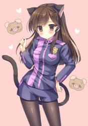 Rule 34 | 1girl, animal ears, animification, blush, breasts, brown background, brown eyes, brown hair, brown pantyhose, cat ears, cat girl, cat tail, closed mouth, commentary request, copyright request, earpiece, fingernails, hand up, heart, highres, holding, holding own hair, jacket, kaitou sentai lupinranger vs. keisatsu sentai patranger, kouta., long hair, long sleeves, looking at viewer, medium breasts, pantyhose, purple jacket, purple shorts, short shorts, shorts, solo, super sentai, tail, very long hair