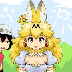 Rule 34 | 10s, 2girls, adapted costume, animal ear fluff, animal ears, black hair, blonde hair, bow, bowtie, collarbone, crossover, day, earrings, elbow gloves, gloves, helmet, jewelry, kaban (kemono friends), kemono friends, long hair, looking at viewer, lowres, multicolored hair, multiple girls, oekaki, open mouth, outdoors, parody, pith helmet, pointy ears, puffy short sleeves, puffy sleeves, rf (aruehu), serval (kemono friends), serval print, short hair, short sleeves, standing, super crown, tareme, two-tone hair, upper body