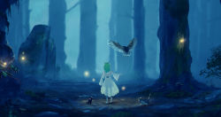 Rule 34 | 1girl, absurdres, bird, bug, cat, ceres fauna, clover (ceres fauna), dress, fireflies, forest, green hair, hair ornament, highres, hololive, hololive english, long sleeves, nature, night, night sky, owl, sky, snail (ceres fauna), toren 2p2t, virtual youtuber