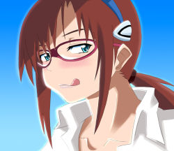 Rule 34 | 00s, 1girl, :q, aqua eyes, blush, brown hair, collarbone, evangelion: 2.0 you can (not) advance, female focus, glasses, gradient background, hairband, lips, makinami mari illustrious, neon genesis evangelion, rebuild of evangelion, simple background, solo, tongue, tongue out