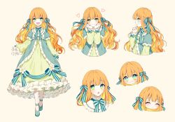 Rule 34 | 1girl, :d, :o, ^ ^, absurdres, aqua eyes, aqua footwear, blonde hair, blunt bangs, blush, chibi, closed eyes, closed mouth, commentary request, dress, expression chart, frilled dress, frills, from side, full body, green dress, ha youn, heart, highres, layered sleeves, long sleeves, looking at viewer, multicolored eyes, multicolored hair, multiple views, open mouth, orange hair, short over long sleeves, short sleeves, simple background, smile, yellow eyes