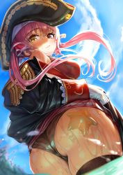 Rule 34 | 1girl, absurdres, ass, ass focus, bare shoulders, black jacket, black panties, black thighhighs, blush, breasts, clothes lift, cloud, from below, gloves, hair ornament, hat, highres, hololive, houshou marine, huge ass, in water, jacket, large breasts, leotard, lifted by self, looking at viewer, looking back, multicolored eyes, panties, parted lips, pirate hat, red eyes, red hair, red leotard, red scarf, red skirt, scarf, shien (tatunokoshien00), skirt, skirt lift, sky, solo, starfish, thighhighs, underwear, virtual youtuber, wading, water, water drop, wet, wet clothes, wet jacket, wet skirt, white gloves, yellow eyes