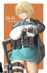 Rule 34 | 1girl, absurdres, belt, black jacket, blonde hair, blue belt, blue eyes, bow, bowtie, breasts, buckle, button gap, girls&#039; frontline, gloves, gun, hair ornament, highres, holding, holding gun, holding magazine (weapon), holding weapon, holster, inconvenient breasts, jacket, large breasts, looking at viewer, magazine (weapon), pouch, rifle, scope, shirt tucked in, short hair, skirt, snap-fit buckle, sniper rifle, solo, standing, taut clothes, taut skirt, thigh holster, thigh pouch, vsk-94, vsk-94 (girls&#039; frontline), weapon, zuoteng lucha