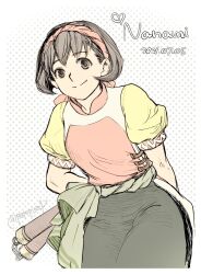 Rule 34 | 1girl, arms behind back, brown eyes, brown hair, closed mouth, dated, gensou suikoden, gensou suikoden ii, hairband, highres, holding, looking at viewer, nanami (suikoden), nunchaku, pants, petopise1, shirt, short hair, smile, twitter username, weapon, white background
