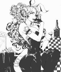 Rule 34 | 1girl, animal ears, bag, banknote, black gloves, black leotard, bottle, crack, cup, curly hair, dollar bill, elliemaplefox, fake animal ears, feet out of frame, gloves, greyscale, highres, leotard, long hair, looking at viewer, money, monochrome, original, parted lips, playboy bunny, rabbit ears, sitting, smile, solo, strapless, strapless leotard, thighhighs, white background