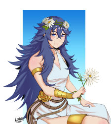 Rule 34 | 1girl, 2022, armlet, armpits, artist name, bare shoulders, blue eyes, blue hair, border, bracelet, breasts, cleavage, clenched hands, collarbone, crossed bangs, dress, female focus, fingernails, fingers, fire emblem, fire emblem awakening, fire emblem heroes, flower, flower hair ornament, flower knot, hair between eyes, half-closed eyes, hand on own thigh, happy, highres, holding, holding flower, intelligent systems, jewelry, legs, long dress, long hair, looking at viewer, lucina (fire emblem), lucina (valentine) (fire emblem), matching hair/eyes, neck, nintendo, no bra, parted bangs, rope belt, shiny skin, side slit, sidelocks, sitting, sleeveless, small breasts, smile, sundress, symbol in eye, thighlet, thighs, white border, white dress, white flower