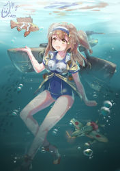 Rule 34 | 10s, 1girl, absurdres, breasts, brown eyes, bubble, cannon, clothes writing, clownfish, fish, full body, hairband, highres, i-26 (kancolle), kantai collection, large breasts, lifebuoy, light brown hair, long hair, machinery, name tag, new school swimsuit, old school swimsuit, one-piece swimsuit, open clothes, open mouth, reflection, sailor collar, sandals, school swimsuit, seaplane, shirt, short sleeves, smile, solo, swim ring, swimsuit, swimsuit under clothes, turret, two-tone hairband, two side up, underwater, yonago miko