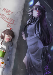 2girls black_hair brown_eyes brown_hair dress elbow_gloves fusou_(kancolle) ghost_costume gloves hair_between_eyes halloween halloween_costume happy_halloween hat highres japanese_clothes kamo_mayor kantai_collection kimono long_hair low-tied_long_hair multiple_girls nurse nurse_cap official_alternate_costume patchwork_clothes puffy_short_sleeves puffy_sleeves red_eyes red_hair shiroshouzoku short_hair short_hair_with_long_locks short_sleeves sidelocks thighhighs triangular_headpiece ukuru_(halloween_mode)_(kancolle) ukuru_(kancolle) very_long_hair white_dress white_gloves white_kimono white_thighhighs