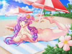 Rule 34 | 1girl, ass, barefoot, beach, book, breasts, completely nude, day, feet, female focus, hat, jeibii, large breasts, lens flare, long hair, nipples, nude, patchouli knowledge, purple eyes, purple hair, solo, tan, tanline, toes, topfreedom, touhou, umbrella