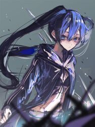 1girl :/ alariess black_coat black_pants black_rock_shooter black_rock_shooter_(character) blue_eyes blue_hair closed_mouth coat cowboy_shot dutch_angle flat_chest grey_background hair_between_eyes highres hood hood_down hooded_coat long_sleeves pants solo twintails