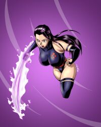 Rule 34 | 1girl, artist request, ass, black leotard, breasts, bridal gauntlets, clenched hands, curvy, detached sleeves, elbow gloves, fingernails, gloves, glowing, glowing hand, highleg, highleg leotard, highres, holding, holding sword, holding weapon, large breasts, leotard, long hair, marvel, psylocke, purple background, purple eyes, purple hair, red sash, revealing clothes, sash, shiny clothes, shiny skin, solo, sword, thong leotard, weapon, wide hips, x-men