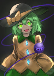 Rule 34 | 1girl, :d, bow, dark background, glowing, glowing eyes, green eyes, green hair, hat, head tilt, highres, komeiji koishi, looking at viewer, medium hair, open mouth, sen (daydream 53), shirt, simple background, sleeves past fingers, sleeves past wrists, smile, solo, third eye, touhou, upper body, yellow bow, yellow shirt