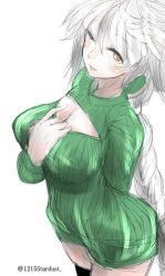 Rule 34 | 10s, 1girl, arm behind back, braid, breasts, brown eyes, cleavage cutout, clothing cutout, dress, hand on own chest, kantai collection, kojima (blue stardust), large breasts, long hair, looking at viewer, meme attire, one eye closed, open-chest sweater, ribbed sweater, silver hair, single braid, sketch, smile, solo, sweater, sweater dress, unryuu (kancolle), very long hair, wavy hair