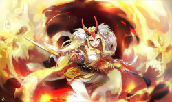 Rule 34 | 1girl, 9 degrees celsius, blonde hair, chyttsai, earrings, facial mark, fang, fate/grand order, fate (series), fire, horns, ibaraki douji (fate), japanese clothes, jewelry, kimono, long hair, off shoulder, oni, solo, sword, weapon, yellow eyes