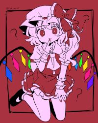 Rule 34 | 1girl, ?, ascot, black footwear, blush, bow, commentary, fang, fingernails, flandre scarlet, frilled shirt collar, frilled skirt, frilled sleeves, frills, hat, hat ribbon, highres, long fingernails, looking at viewer, mary janes, medium hair, mob cap, nail polish, one side up, puffy short sleeves, puffy sleeves, ramudia (lamyun), red background, red bow, red eyes, red nails, red ribbon, red skirt, red theme, red vest, ribbon, shirt, shoes, short sleeves, simple background, skirt, socks, solo, symbol-only commentary, touhou, twitter username, vest, white ascot, white footwear, white hair, white shirt, wings, wrist cuffs