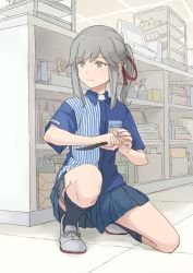 Rule 34 | 1girl, black socks, blue shirt, blue skirt, brown eyes, cash register, closed mouth, commentary request, convenience store, employee uniform, grey hair, hair ribbon, highres, holding, holding knife, holding weapon, id card, indoors, kantai collection, kneehighs, knife, lawson, long hair, official alternate costume, on one knee, pleated skirt, ponytail, red ribbon, ribbon, shirt, shop, sidelocks, skirt, socks, solo, striped clothes, striped shirt, taruya, thigh strap, uniform, usugumo (kancolle), weapon