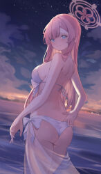 Rule 34 | 1girl, absurdres, ass, bikini, blue archive, breasts, cake walker, closed mouth, cloud, from behind, halo, highres, large breasts, long hair, looking at viewer, looking back, mimori (blue archive), mimori (swimsuit) (blue archive), night, night sky, ocean, pink hair, sarong, see-through, see-through sarong, sky, smile, solo, star (sky), starry sky, swimsuit, very long hair, wading, white bikini