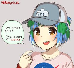 Rule 34 | 1girl, baseball cap, blue hair, breasts, brown eyes, bsapricot, clothes writing, earth-chan, english text, female focus, green hair, hat, ice, multicolored hair, original, pun, smile, solo, twitter username