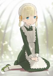 Rule 34 | 1girl, alternate costume, apron, blonde hair, blue eyes, blunt bangs, commentary request, dress, enmaided, frilled apron, frills, full body, green dress, green footwear, hair ornament, hair ribbon, kantai collection, long hair, maid, maid headdress, mary janes, ribbon, shin&#039;you (kancolle), shoes, sitting, solo, wariza, white apron, yamashichi (mtseven), yellow ribbon