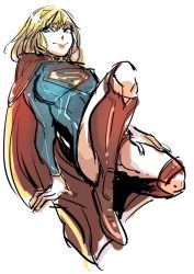 Rule 34 | 1girl, blonde hair, blue eyes, cape, dc comics, flying, kryptonian, leotard, long sleeves, red footwear, shoes, simple background, solo, supergirl, superman (series)