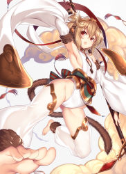 Rule 34 | 10s, 1girl, andira (granblue fantasy), animal ears, arm up, armpits, barefoot, blonde hair, blush, breasts, chestnut mouth, cloud, detached pants, detached sleeves, erune, feet, flying nimbus, granblue fantasy, highleg, kodama yuu, looking at viewer, monkey ears, monkey tail, open mouth, red eyes, short hair, sideboob, small breasts, soles, solo, staff, tail, toes