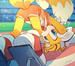Rule 34 | 1boy, ?, animal ears, animal nose, artist name, blue eyes, blurry, blurry background, c52278, clothes lift, commentary request, fang, fox boy, furry, furry male, highres, looking back, male focus, red footwear, shirt lift, shorts, solo, sonic (series), sportswear, tails (sonic)
