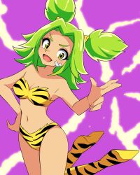 1girl :d animal_print bandaid bandaid_on_face bikini boots breasts cosplay electricity finger_gun green_hair highres kukurixi league_of_legends lum lum_(cosplay) medium_breasts navel open_mouth parted_bangs purple_background sidelocks simple_background smile solo swimsuit tiger_print twintails urusei_yatsura yellow_bikini yellow_eyes yellow_footwear zeri_(league_of_legends)