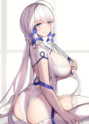 Rule 34 | 1girl, ahoge, ass, azur lane, bed, bedroom, blue eyes, blush, breast focus, breasts, butt crack, closed mouth, commentary request, dress, fan, feet, flower, flower hair ornament, from side, garter straps, hair ornament, hair ribbon, illustrious (azur lane), illustrious (maiden lily&#039;s radiance) (azur lane), implied nopan, large breasts, long hair, looking at viewer, mole, mole under eye, on bed, ribbon, sidelocks, sitting, siu (siu0207), skindentation, smile, solo, thick thighs, thighhighs, thighs, twintails, very long hair, white dress, white hair, window