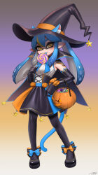 Rule 34 | 1girl, absurdres, animal ears, black footwear, black gloves, black hat, black pantyhose, blue bow, blue bowtie, blue hair, blue tongue, bow, bowtie, candy, cape, cat tail, colored tongue, double-parted bangs, elbow gloves, fake animal ears, fake tail, food, fox ears, gloves, gradient background, hair between eyes, hat, highres, inkling, inkling girl, inkling player character, jack-o&#039;-lantern, licking, lollipop, long hair, looking at viewer, nintendo, orange background, orange bow, orange bowtie, pantyhose, pointy ears, puchiman, purple background, shoes, sidelocks, signature, solo, splatoon (series), swirl lollipop, tail, two-tone background, witch hat, yellow eyes