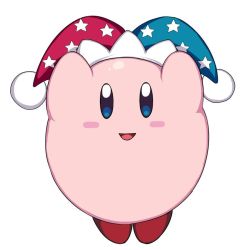 Rule 34 | 1other, arms up, blue eyes, blush, crown hair ornament, jumping, kirby, kirby (series), looking at viewer, nintendo, open mouth, puuzaki puuna, red footwear, simple background, smile, solo, white background