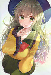 Rule 34 | 1girl, alternate hair length, alternate hairstyle, black hat, blush, bow, brooch, collarbone, commentary request, cowboy shot, finger to mouth, frilled shirt collar, frilled sleeves, frills, green eyes, green hair, green skirt, hair between eyes, hand up, hat, index finger raised, jewelry, komeiji koishi, long hair, long sleeves, looking at viewer, natsuki (ukiwakudasai), pleated skirt, red bow, shirt, skirt, smile, solo, touhou, very long hair, wide sleeves, yellow shirt