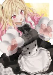 Rule 34 | 1girl, animal hands, apron, black bow, black bowtie, black dress, blonde hair, blush, bow, bowtie, buttons, center frills, colored tips, commentary request, double-breasted, dress, frills, gloves, gradient hair, gyo12121, highres, korean commentary, multicolored hair, open mouth, paw gloves, pink hair, project sekai, smile, solo, tenma saki, twintails, white apron, white gloves