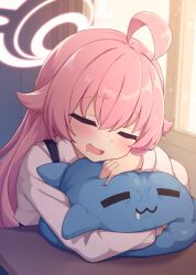 Rule 34 | 1girl, ahoge, blue archive, blush, closed eyes, crossed bangs, drooling, fang, feigning sleep, halo, highres, hoshino (blue archive), indoors, long sleeves, mouth drool, open mouth, pink hair, pink halo, shinopoko, shirt, shoulder strap, solo, stuffed animal, stuffed toy, stuffed whale, upper body, white shirt