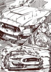Rule 34 | 1girl, azur lane, breasts, car, collared shirt, commentary, commission, drifting, driving, english commentary, ford, ford mustang, ford mustang s550, greyscale, hair between eyes, leander (azur lane), looking to the side, medium breasts, mizukiri fuurai, monochrome, motion lines, motor vehicle, multiple views, muscle car, shirt, signature, skeb commission, smoke, vehicle focus