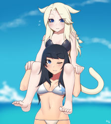 Rule 34 | 10s, 2girls, :o, ;d, animal ears, artist name, warrior of light (ff14), bare shoulders, barefoot, between legs, bikini, black bikini, black hair, blue eyes, blunt bangs, blurry, blurry background, borrowed character, breasts, carrying, cat ears, cat tail, cleavage, cloud, collarbone, cowboy shot, day, eyes visible through hair, facial mark, feet, final fantasy, final fantasy xiv, flying sweatdrops, frown, hair between breasts, hair flaps, horizon, kuroonehalf, looking at viewer, midriff, miqo&#039;te, multiple girls, navel, ocean, one eye closed, open mouth, original, outdoors, pale skin, parted bangs, parted lips, piggyback, shoulder carry, signature, small breasts, smile, standing, straddling, swimsuit, tail, teardrop, tears, teeth, toes, tsurime, underboob, water, wavy mouth, whisker markings, white bikini
