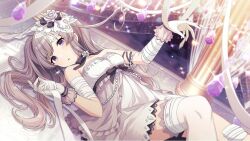 Rule 34 | 1girl, bandaged arm, bandaged leg, bandages, bow, breasts, collarbone, dress, earrings, flower, frills, gloves, grey hair, hair ornament, idolmaster, idolmaster shiny colors, jewelry, long hair, looking at viewer, lying, medium breasts, official art, on back, open mouth, purple eyes, ribbon, rose, sidelocks, sleeveless, solo, thighhighs, twintails, white dress, white flower, white rose, yukoku kiriko