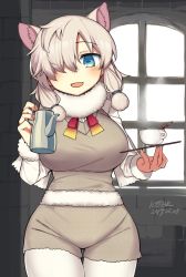 Rule 34 | 1girl, :d, absurdres, alpaca ears, alpaca suri (kemono friends), animal ears, blue eyes, blush, breasts, cowboy shot, cup, dated, day, extra ears, fur-trimmed sleeves, fur scarf, fur trim, grey hair, hair over one eye, hands up, highres, holding, holding tray, horizontal pupils, impossible clothes, impossible vest, indoors, kemono friends, large breasts, pantyhose under shorts, long sleeves, looking at viewer, medium hair, neck ribbon, open mouth, pantyhose, ribbon, sakaki (utigi), scarf, shirt, shorts, smile, solo, steam, teapot, thigh gap, tray, vest, white pantyhose, white shirt, window