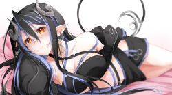 Rule 34 | 1girl, bandeau, belt, black bandeau, black belt, black hair, black jacket, black skirt, blue belt, blue hair, blush, breasts, brown eyes, chest belt, cleavage, closed mouth, collarbone, commentary request, cowboy shot, curled horns, demon girl, demon horns, demon tail, fuyuno taka, grey horns, hair between eyes, hebiyoi tier, hebiyoi tier (1st costume), highres, horns, jacket, large breasts, long hair, long sleeves, looking at viewer, lying, multicolored hair, nanashi inc., off shoulder, on bed, on side, open clothes, open jacket, pointy ears, sidelocks, skirt, smile, snake bite, solo, sugar lyric, tail, two-tone hair, virtual youtuber, white background