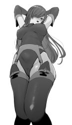 Rule 34 | 1girl, 5saiji, arms behind head, arms up, breasts, cameltoe, cleft of venus, detached sleeves, greyscale, highleg, highleg leotard, highres, large breasts, leotard, long hair, looking at viewer, monochrome, open mouth, simple background, solo, tales of (series), tales of the abyss, tear grants, thighhighs
