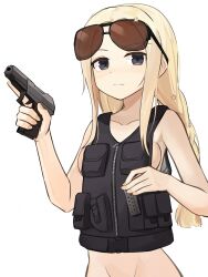 Rule 34 | 1girl, absurdres, ammunition pouch, black vest, blonde hair, blue eyes, blush, breasts, closed mouth, collarbone, commission, eyewear on head, gamryous, girls&#039; frontline, groin, gun, hair ornament, handgun, highres, holding, holding gun, holding magazine (weapon), holding weapon, load bearing vest, long hair, looking at viewer, magazine (weapon), naked vest, pixiv commission, pouch, serdyukov (girls&#039; frontline), serdyukov sps, small breasts, solo, sunglasses, trigger discipline, vest, weapon, white background