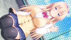 Rule 34 | 1girl, absurdres, blonde hair, blue eyes, blush, bow, bowtie, breasts, closed mouth, cloud, day, dutch angle, female focus, fence, game cg, hair between eyes, hand up, highres, kyouno hana, large breasts, legs, legs together, long hair, looking at viewer, nekonyan, original, outdoors, school uniform, sitting, skirt, sky, smile, solo, thighhighs, thighs, tonari ni kanojo no iru shiawase ~curious queen~