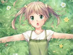 Rule 34 | 10s, 1girl, annoyed, blonde hair, flower, from above, game cg, grass, green eyes, hair bobbles, hair ornament, ibarazaki emi, katawa shoujo, looking at viewer, nature, open mouth, outstretched arms, solo, spread arms, twintails