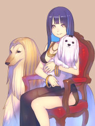 Rule 34 | 1girl, afghan hound, animal, armchair, black dress, bracelet, breasts, brown background, chair, cleavage, closed mouth, clothing cutout, dog, dress, enkyo yuuichirou, feet out of frame, highres, hisho collection, holding, holding animal, holding dog, jewelry, lhasa apso, long dress, long hair, looking at viewer, medium breasts, mole, mole under eye, necklace, purple hair, side cutout, simple background, smile, yellow eyes