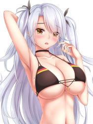 Rule 34 | 1girl, anchor, arched back, arm behind head, armpits, asymmetrical bangs, azur lane, bad id, bad pixiv id, bare arms, bare shoulders, bikini, black bikini, black bow, black neckwear, bow, breasts, brown eyes, bursting breasts, choker, cleavage, collarbone, embarrassed, flag print, german flag bikini, hair bow, hair ornament, hair over one eye, halterneck, large breasts, long hair, looking at viewer, mole, mole on breast, prinz eugen (azur lane), prinz eugen (unfading smile) (azur lane), silver hair, skindentation, solo, stomach, swept bangs, swimsuit, tapisuke, twintails, two side up, upper body